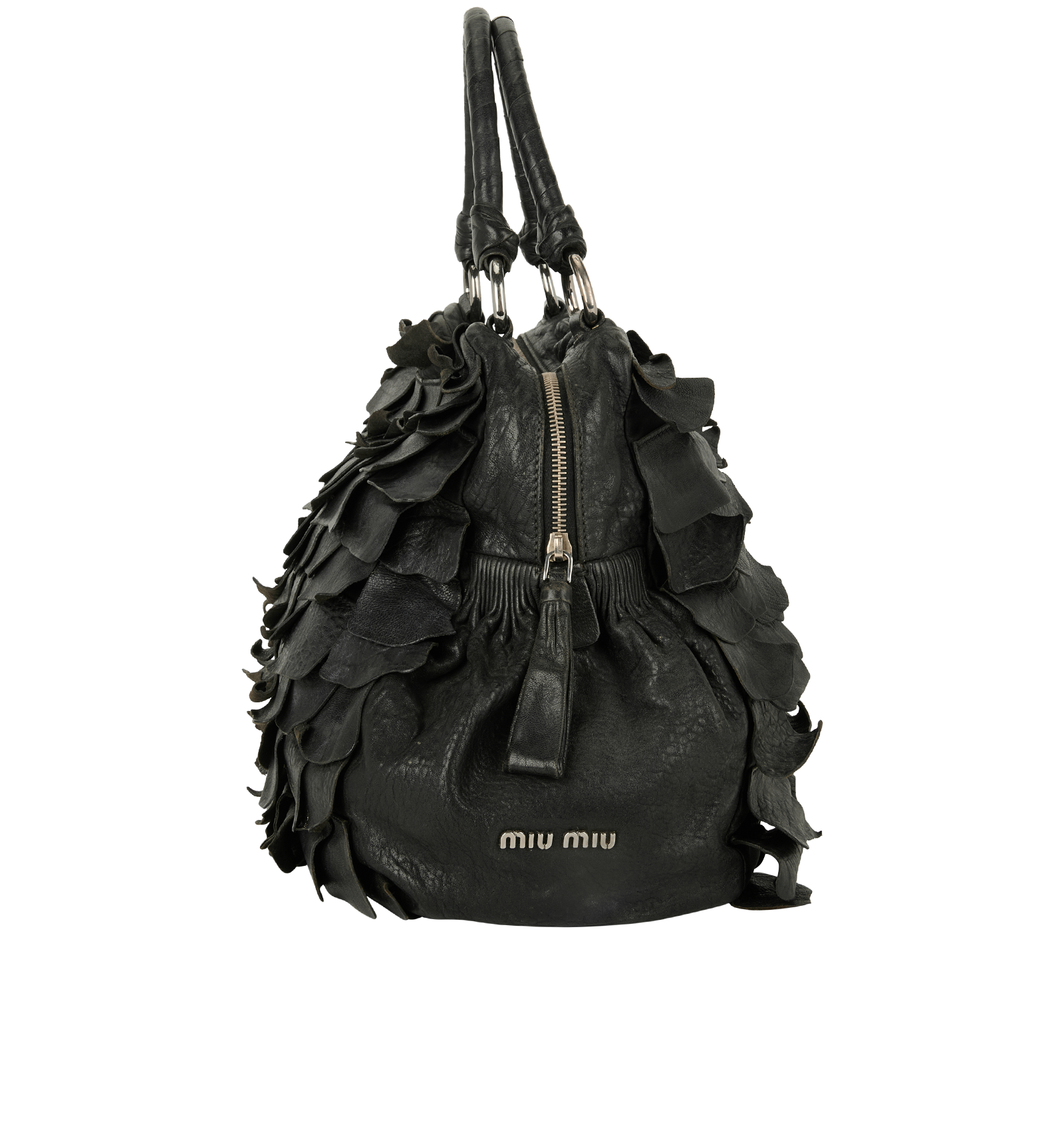 Tiered Ruffle Shoulder Bag, &pound;150, Handbags, Black, Leather, Side view